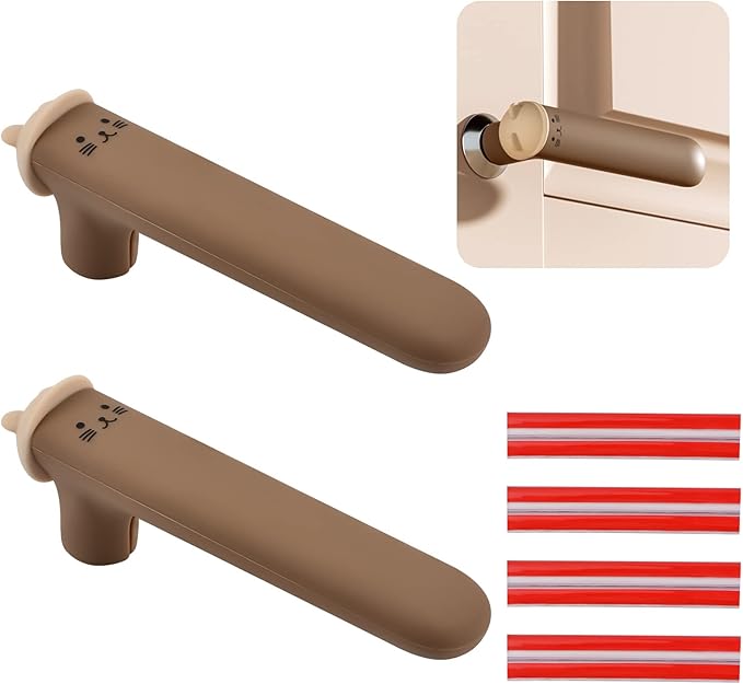 Door Handle Covers, 2Pcs Brown Silicone Door Handle Glove Covers Cat Pattern Door Knob Covers Anti-Static Safety Door Knob Protector with Clear Anti-Collision Adhesive Strip