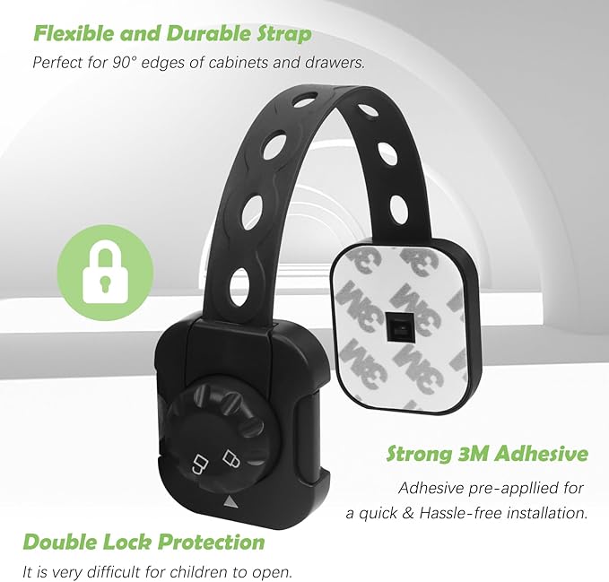 Songaa Child Safety Cabinets Strap Locks 2 Pack - Adjustable Baby Proofing Cabinet Latches for Drawers, Oven, Dishwasher, Fridge, Toilet Seat, Trash Can, with 3M Adhesive Pads - Black