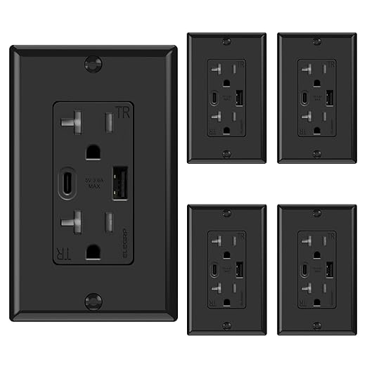 ELEGRP USB Wall Outlets, 20 Amp USB C Wall Outlets Receptacles, Outlets with USB A and C Ports, Tamper Resistant Receptacle, Wall Plate Included, UL Listed, 5 Pack, Black