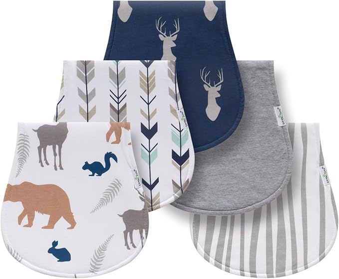 Little Tots Burp Cloths 100% Cotton Baby Burp Set, Absorbent & Soft Burping Cloth Newborn Towel for Newborns & Babies Boys & Girls Unisex 5 Pack (Flying Sky) (Elks)