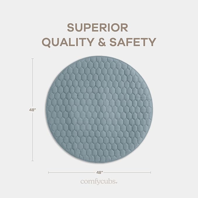 Comfy Cubs Round Kids Play Mat - Medium 48 inches Soft Quilted Baby Floor Mat with Non-Slip Bottom - Plush Design for Toddlers' Playtime - Comfortable and Durable - Pacific Blue