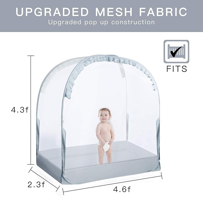 L RUNNZER Baby Crib Tent, Breathable Pop Up Crib Tent Canopy Keep Baby from Climbing Out, Crib Net to Keep Baby in with Auto-Lock Zipper(55.2" L x 27.6" W x 51.6" H)