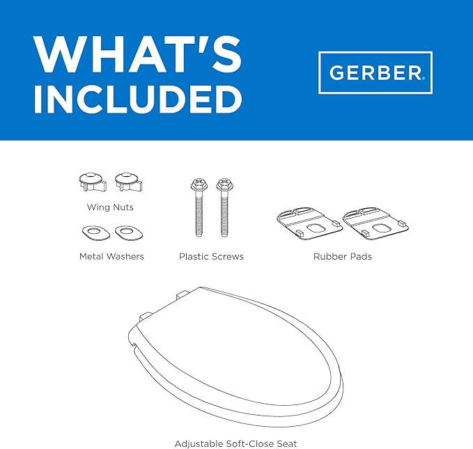 Gerber Elongated Toilet Seat with Cover, Soft Close, No Slam, Quick & Easy Install, Heavy-Duty Plastic, Adjustable Fit for Standard Elongated Toilets, Durable & Fade-Resistant, Bone G009921325