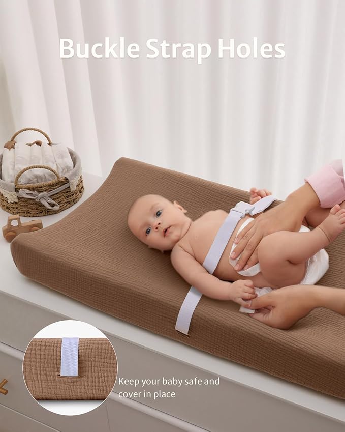 Blissful Diary Muslin Changing Pad Cover for Baby Girls Boys, Ultra Soft Breathable Cotton, Baby Diaper Change Table Pad Covers, 2Pack (Checkered Brown & Brown)