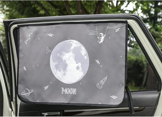 BEBEDECO Magnetic Car Sun Shade Curtain for Side Window – Sun Blocker and UV Protector for Baby, Kids, and Pets – Universal Fit with Built-in Magnets for Steel-Framed Door (Moon)