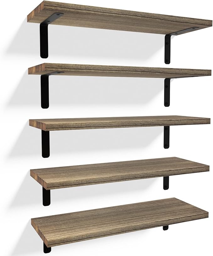 RICHER HOUSE Rustic Wood Shelves Set of 5, Farmhouse Style Floating Shelf for Wall Décor, Hanging Shelves for Bathroom, Bedroom, Storage, Kitchen, Living Room - Carbonized Black
