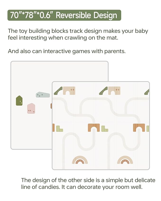 BG-BABYGO Baby Play Mat Foldable Baby Floor Play Mat 0.6" Thick Soft Foam Playmat for Babies Reversible Waterproof Padded Playmats Portable Baby Crawling Mat for Indoor Outdoor(70"*78"*0.6")