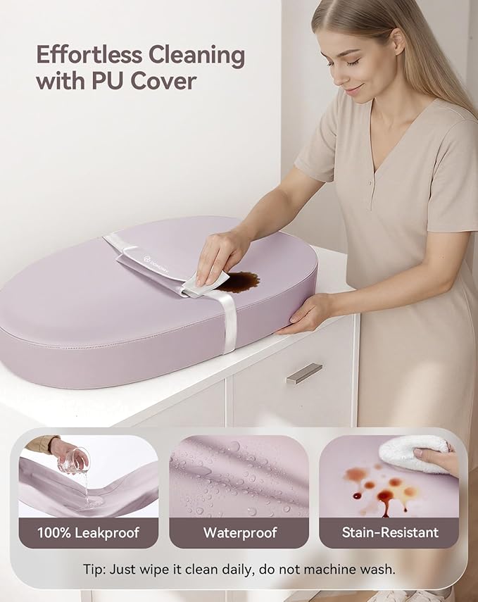 COMOMY Baby Changing Pad with Wipeable & Waterproof PU Cover, Contoured Diaper Changing Pad for Dresser with Non-Slip Safety Belt, Portable and Lightweight, Large Cushioned Foam, Lavender