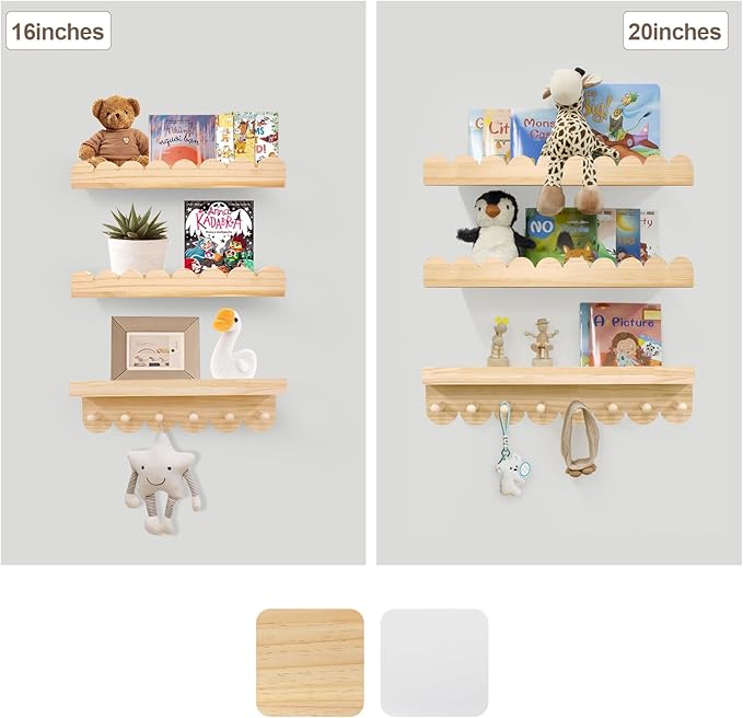 Floating Nursery Book Shelves with Hooks-20Inches Scalloped Shelves for Bedroom Kids Set of 3, Nursery Bookshelf for Kids Room Decor, Natural, Large