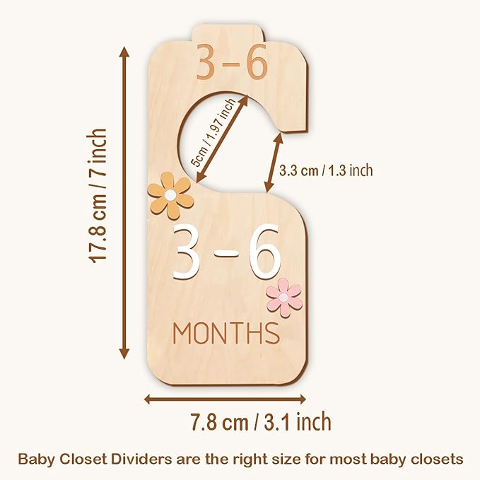 eoscasely Baby Closet Divider - 3D Double-Sided Wooden Baby Wardrobe Baby Closet Organizer,Daisy design Nursery Decor Clothes Hanger Dividers for Sorting 8 Sizes from Newborn to 24+ Months