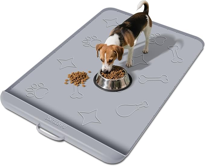 Bartuke Dog Food Mat with Collection Pocket, 42''x28'' Extra Large Silicone Pet Feeding Mat for Food and Water, Waterproof Anti-Slip Dog Mat with Edge and Handle, Pet Placement for Floor(Light Grey)