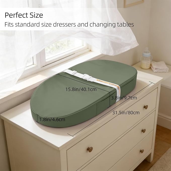 Baby Changing Pad, Waterproof Vegan Leather Wipeable Diaper Changing Pad with Safety Strap Non-Slip Changing Mat for Dresser & Table