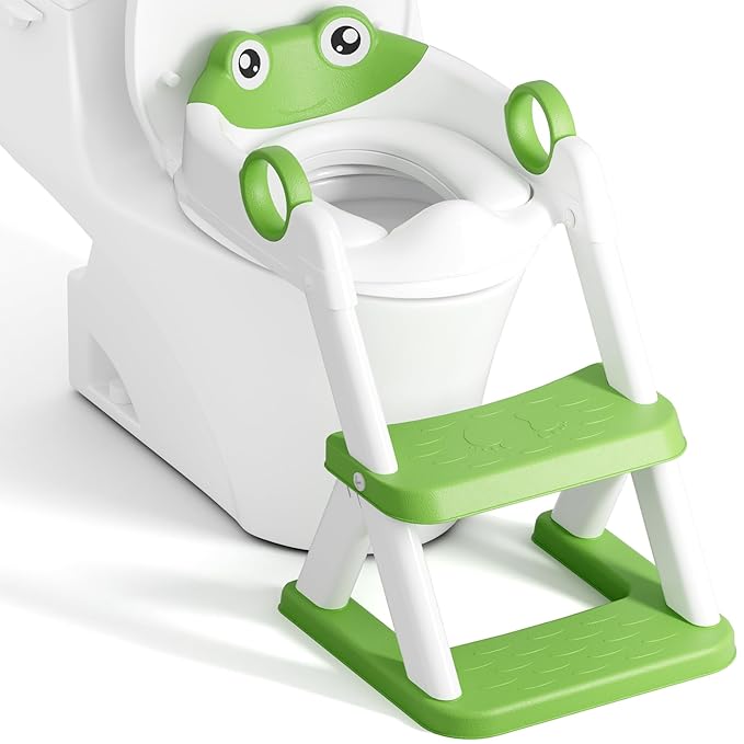 Frog Potty Training Seat, Upgrade Toddler Toilet Seat for Kids Boys Girls, 2 in 1 Potty Training Toilet for Kids, Splash Guard Anti-Slip Pad Step Stool