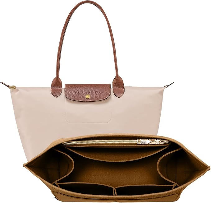 OPPOSHE Purse Organizer Insert for Longchamp Le Pliage, Premium Felt Long Champ Bag Handbag Women, Tote Organizer Insert with 9 Compartments (Medium, Brown)