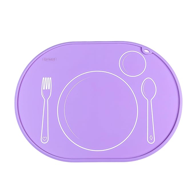 CHAMOS Silicone placemats for Toddlers - Montessori placemat for Round Table - Oval Kids placemats for Dining Table - Non Slip, Small, Educational placemats (Lavender), 14.17x10.23 inch