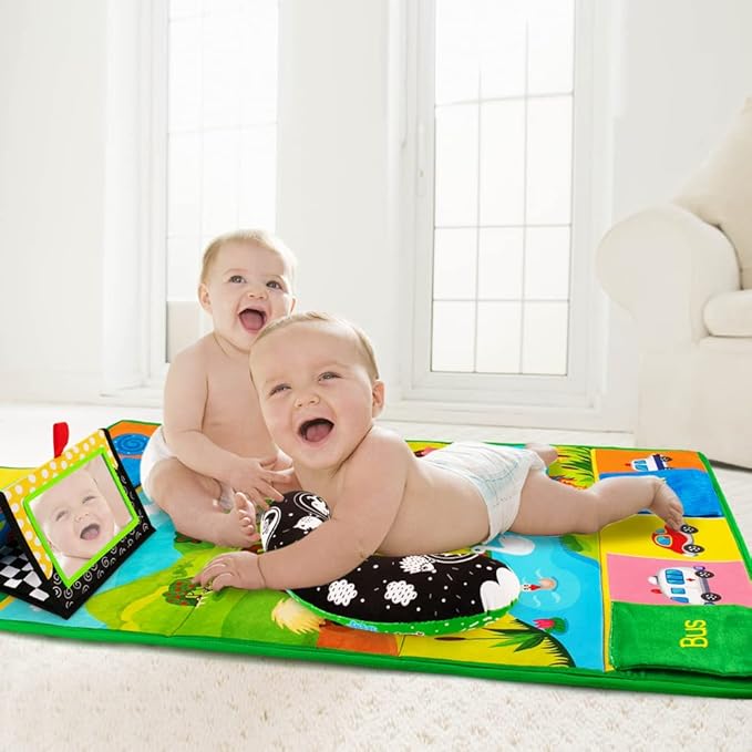 Inbeby Tummy Time Mirror & Play Mat & Pillow 3-in-1, High Contrast Black and White Baby Toys, Activity Mat for Early Education, Newborn Infant Tummy Time Toy Set for 0 3 6 12 Month Crinkle/Squeake