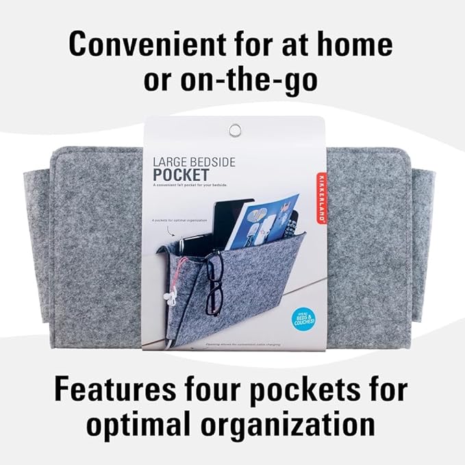 Kikkerland Large Grey Felt Pocket Caddy for Storage with Inner Pockets – Organization Essentials for Bed, Couch, Home – Holder for Magazines, Books, Phones, and Remote Controls