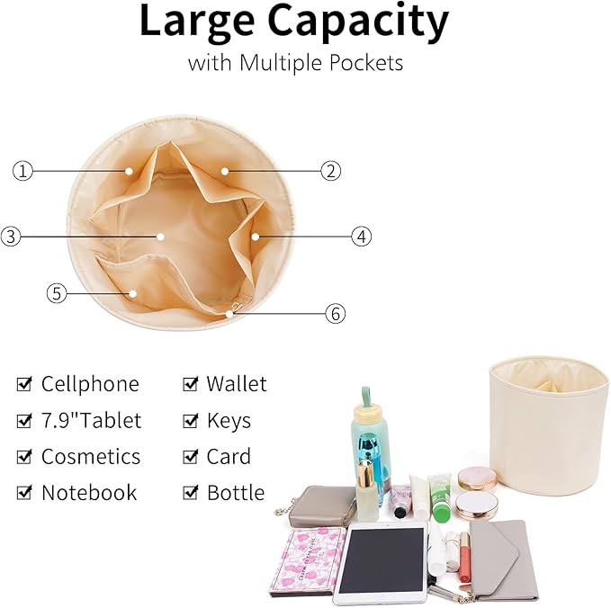 NOTAG Purse Organizer Insert Nylon Round Bucket Bag Organizer for Handbag Small Tote Dividers Insert (Beige)