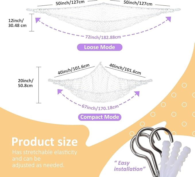 Lazebox Stuffed Animal Net Hammock for Plushie Toys, Stuffed Animal Hammock Corner for Kids' Room Decor, Ideas for Organizing Stuffy Collection, White, L (67" x 40" x 40")-Pack of 1