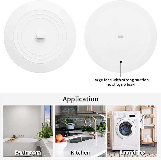 Vaincre White Bathtub Drain Stopper - 2PCS 5" Silicone Kitchen Bathroom Hair Water Shower Stopper, Bathtub Drain Plug, Universal Flat Suction Shower Kitchen Cover, Bathroom Laundry Accessories