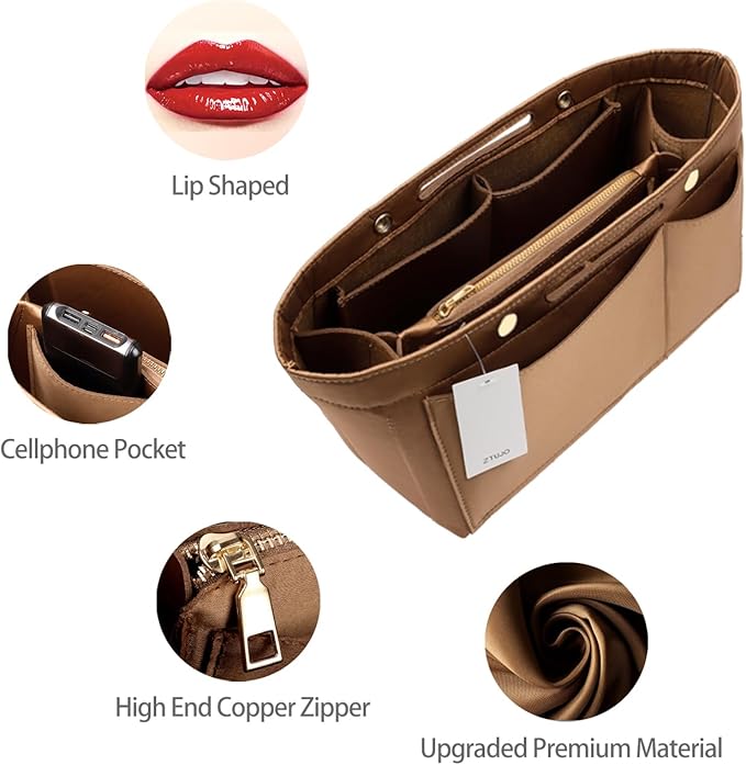 ZTUJO Purse Organizer Insert For Handbags, Silky Bag Organizer With 2 Zippers For Speedy Neverful Tote and More (Brown, XX-Large)