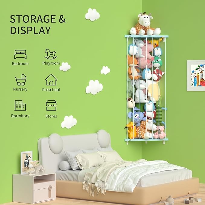Stuffed Animal Storage Shelf Organizer(Patented) - Corner Stuffed Animal Holder Length Adjustable - Wall Plush Storage for Nursery Playroom Bedroom Kids Room (Macaroon Blue, Standard)