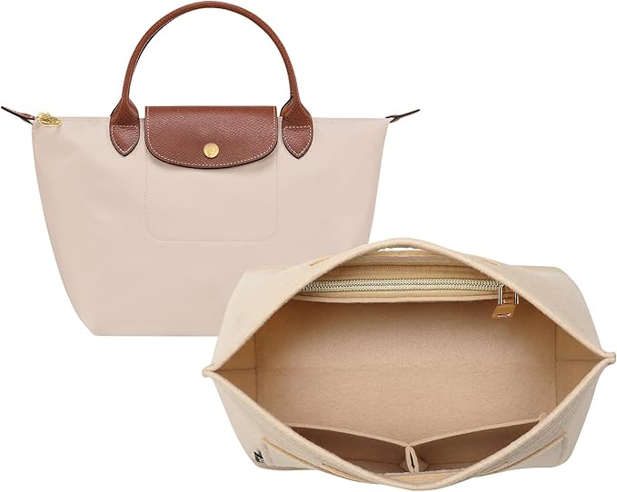 OPPOSHE Purse Organizer Insert for Longchamp Le Pliage, Premium Felt Long Champ Bag Handbag Women, Tote Organizer Insert with 6 Compartments (Small, Beige)