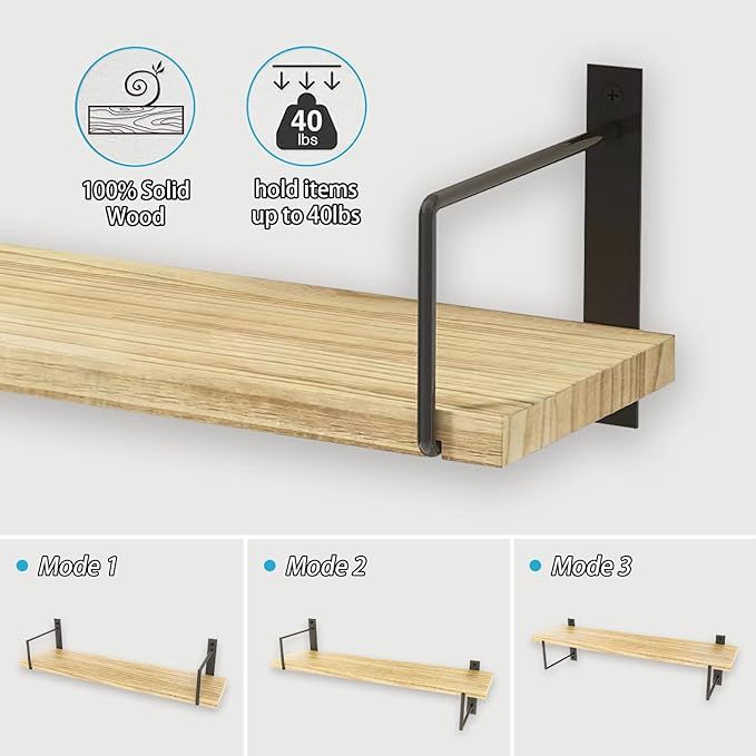 Floating Shelves, 24 Inches, Easy to Install, Wall Mounted, Set of 3, Rustic Wood for Décor, Storage for Living Room, Bathroom, Bedroom