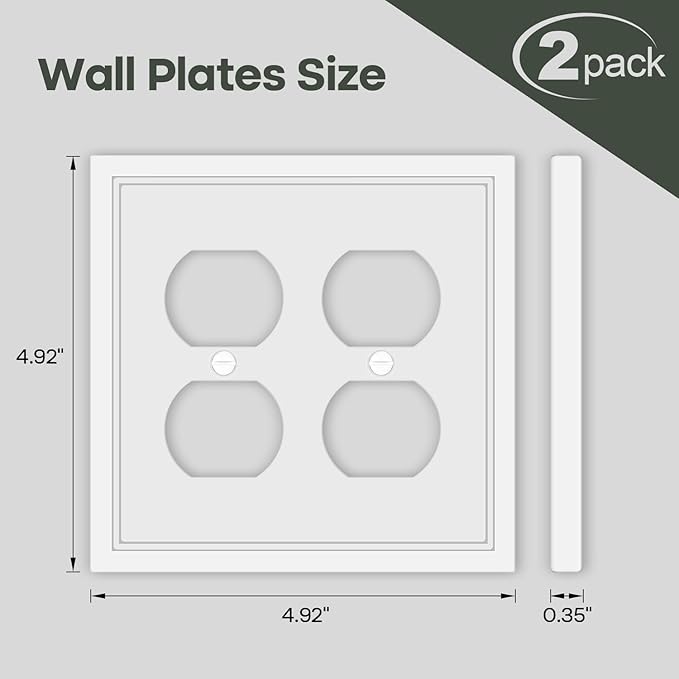 Double Duplex Outlet Cover Wall Plate White Classic Decorative Duplex Receptacle Cover Electrical Switch Plates and Outlet Covers 2-Gang Wall Plates, 2 Pack