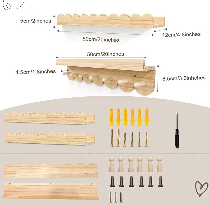 Floating Nursery Book Shelves with Hooks-20Inches Scalloped Shelves for Bedroom Kids Set of 3, Nursery Bookshelf for Kids Room Decor, Natural, Large