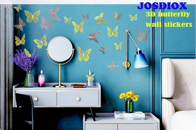 JOSDIOX 3D Reflective Dot - Patterned Gold & Gold Rose Butterfly Wall Stickers - 24 Pcs with 4 Styles & 3 Sizes, Removable Decor for Party Birthday Wedding Cake Balloon Decoration (Golden/Rose)