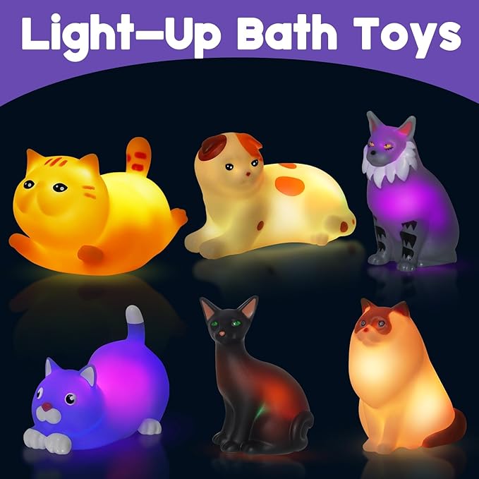VIBOYLAR Bath Toys for Kids 1-3, 6 PCS Light-Up Cat Bath Toy Set, Baby Toddler Bath Toys, Bathtub Pool Bath Toy for Kids, Christmas Birthday Gifts for Boys & Girls Ages 1 2 3+ Years Old