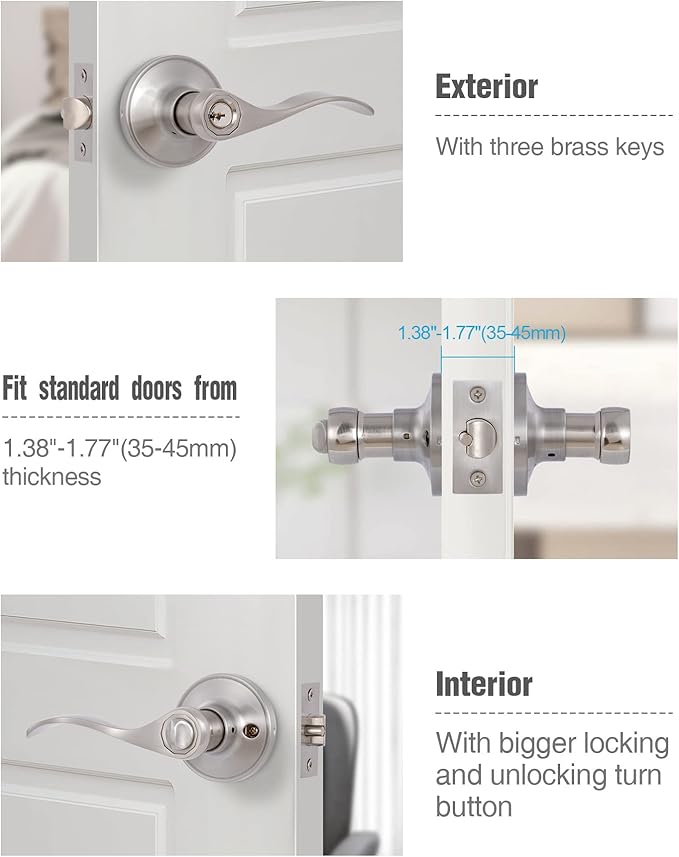 (3 Pack) Door Levers Interior Keyed Difference Entry Front/Bedroom Door Handles for Left and Right Opened Door with Lock and Keys Set in Satin Nickel