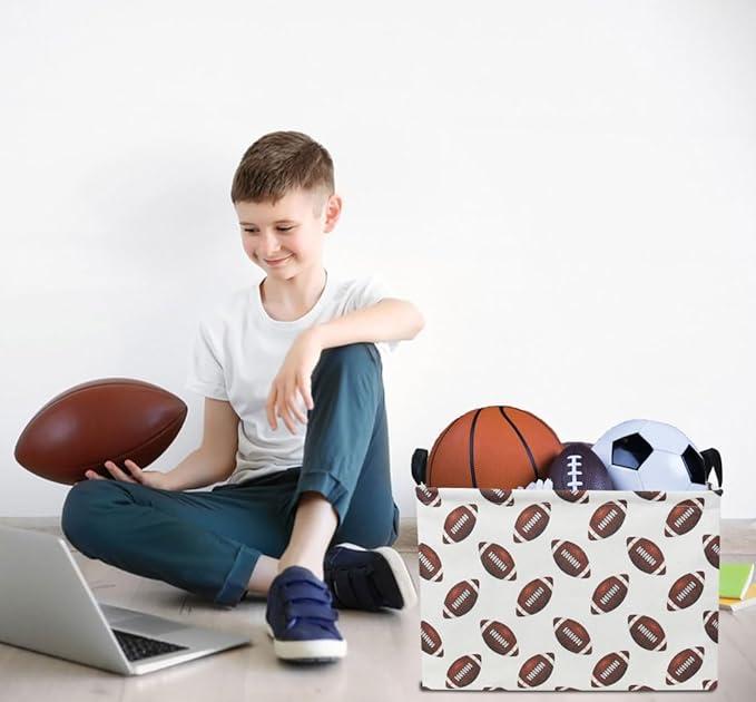 HKEC Rectangle Rugby Storage Basket with Handles, Collapsible Toys Bin, Cute Books Box,Room Decor(Rugby)