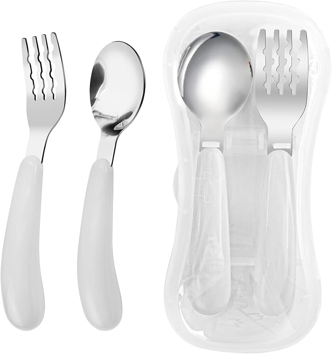 VANRA 2 Pieces Toddler Fork and Spoon Set with Travel Case 18/8 Stainless Steel Toddler Utensils Kids Silverware Children Flatware Child Cutlery Set for School Lunch Box (White)