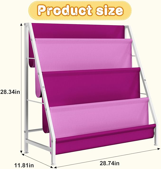 Kids Bookshelf for Kids Rooms, 4-Tier Montessori Bookshelf,Nursery Book Shelves,Pink Toddler Bookshelf, Metal Kid's Book Storage Organizer for Girls Room Furniture Playroom Kindergarten