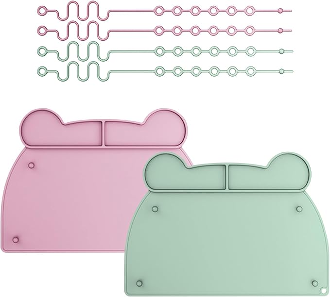 2 Pack Silicone Baby Placemats with Suction Base and 8 Stretchable Straps, Busy Baby Mats That Stick to Table, Baby Placemats for Restaurants, Pink Green