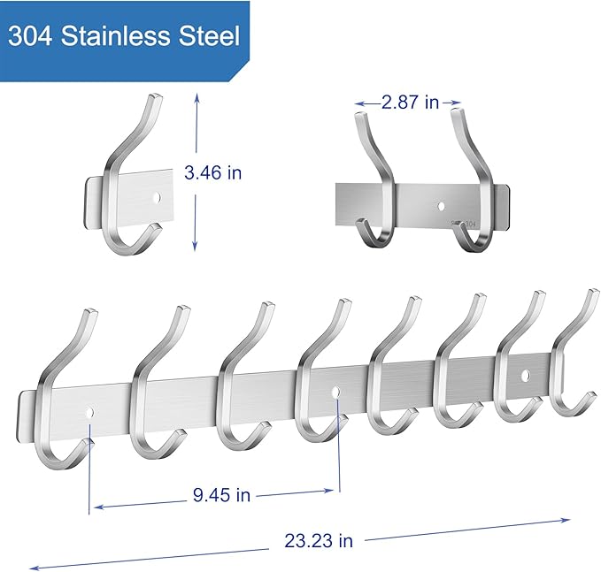 HAMUTH Wall Hooks Heavy Duty, 23 Inch Coat Rack Wall Mount with 8 Hooks, Silver Wall Hooks for Hanging Backpack, Bag, Purse, Clothes, Hat, Coat, Towel | Entryway & Bathroom Storage Organization Hanger