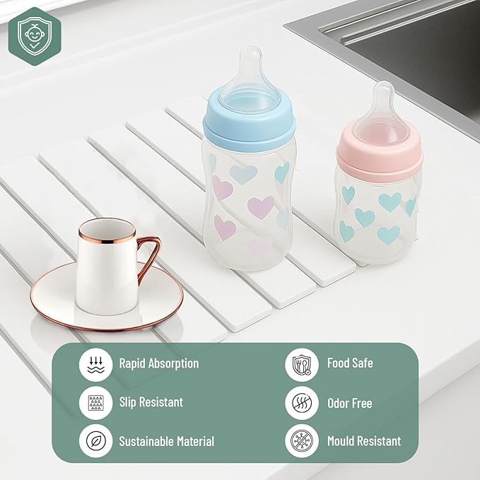 Stone Dish Drying Mat For Kitchen Counter Off-White 16"x12" – Quick Dry & Foldable Diatomaceous Earth Mat for Dish , Bottle , Cup , Tableware & Match Any Countertop.