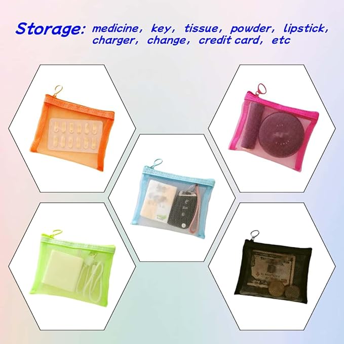 5 Pack Small Mesh Zipper Pouch Bags for Purse & 5 Pack Mesh Pencil Pouches, Mini Purse Organizer Pouches, Small Travel Toiletry Pouch Bag, Diaper Bag