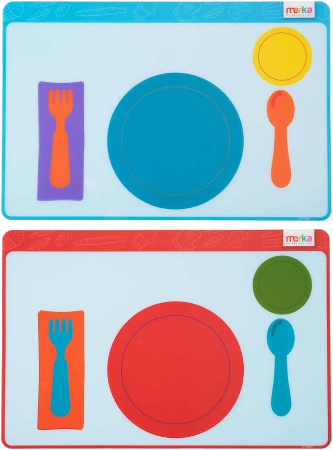 Merka Place Setting Placemat for Kids - 17 x 11 in, Multicolor Silicone, 2-Pack for Ages 2+ - Reusable & Washable Educational Placemat with Guided Utensil Placement & Table Manners