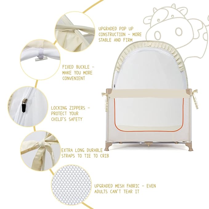 L RUNNZER Pack N Play Tent, Baby Crib Tent to Keep Baby from Climbing Out, Pop Up Crib Net for Pack and Plays, Mini Cribs & Play Yards, See-Through & Breathable Mesh Crib Canopy, Beige, R07s-beige