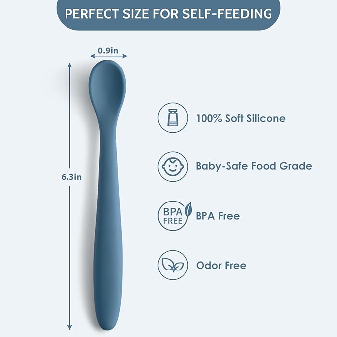 6 Piece Silicone Baby Feeding Spoons, First Stage Infant Soft-Tip Easy on Gums, Training Spoon Self-feeding, Utensils Supplies, Dishwasher & Boil-proof - Blue
