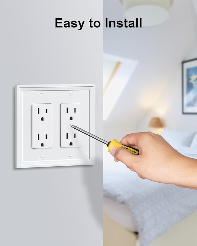 2-Pack Double Decorator Outlet Cover Plate, White Decorative Switch Plates and Outlet Covers, Natural Bamboo Fiber Wall Plates for Electrical Outlets, Receptacle, GFCI Outlet, Dimmer Switch