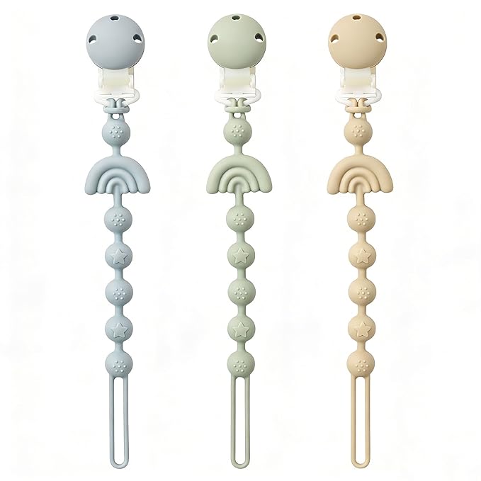 Baby Pacifier Clips One Piece Binky Clip Holder Silicone Teether Clip Pacifier Straps with Clip Baby Teether Toys for Boys and Girls Set of 3 Andy Bear-Ivory+Sage+Baby Blue