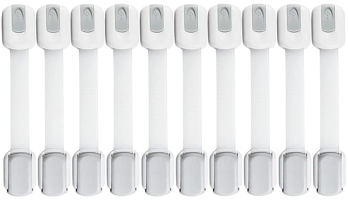 10 Pack Multi-Use Baby Locks, Safety Cabinet Child Proofing, Quick and Easy 3M Adhesive for Cabinets, Drawers, Fridges Toilet Seats and More (White)