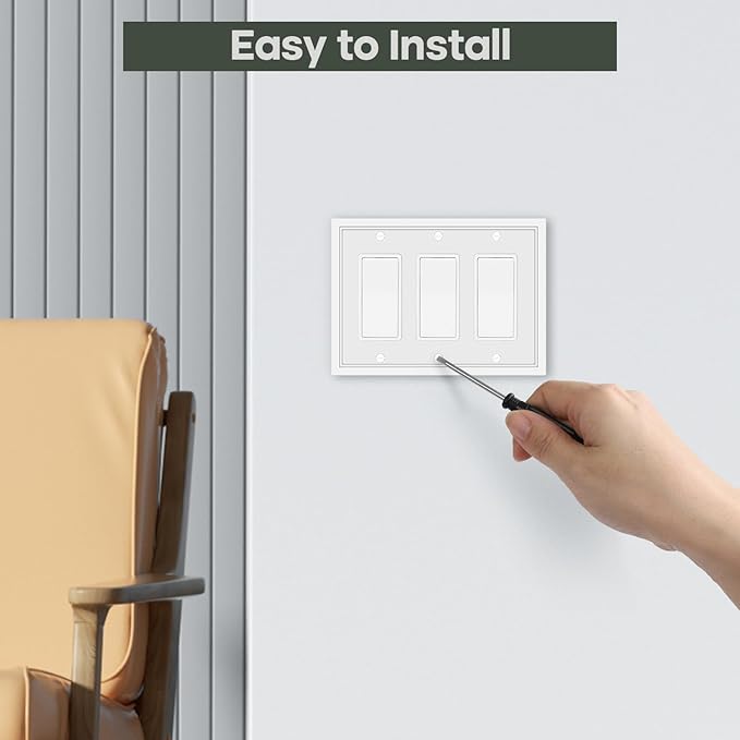 Triple Decorator Light Switch Cover Plate White Classic Decorative Rocker Switch Plates Cover 3-Gang Wall Plate Cover for Decorator, Duplex