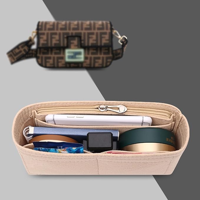 Chispee Purse Organizer Insert Felt Bag Organizer with Zipper for Baguette Small Purse Organizer Insert Handbags Organizer for Women Bag (Small, Beige)
