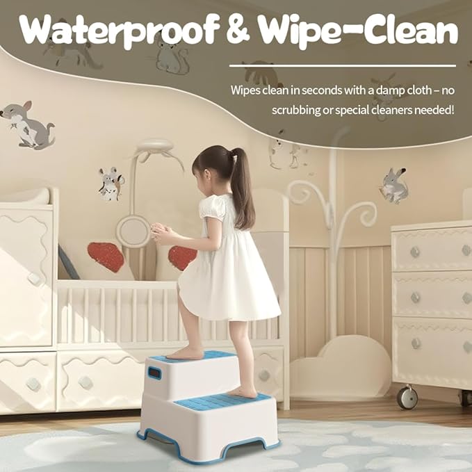ZLMHYYM Toddler Step Stool for Bathroom Sink, 2 Pack Step Stool for Kids, Plastic Potty Training Toilet Stepping Stools, Child and Baby Lightweight&No-Slip Two Step Stools for Kitchen(Off-White/Blue)