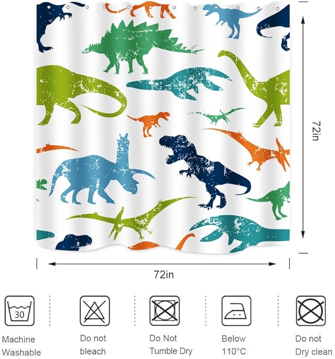 Dinosaur Shower Curtain Colorful Kid Cartoon Jurassic Children Dino Elasmosaurs Themed Bath Curtain Waterproof Fabric Bathroom Decor 72x72 Inch Plastic Hooks 12 PCS